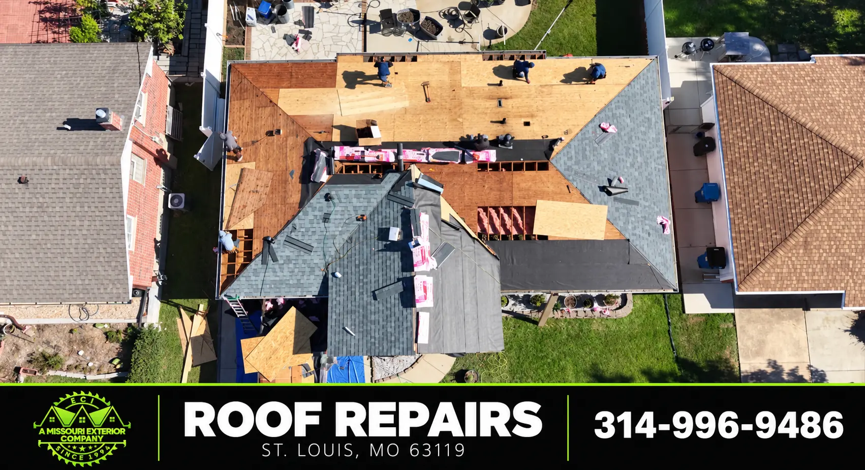 Overhead view of an ECI roof repair with new decking going down in St. Louis