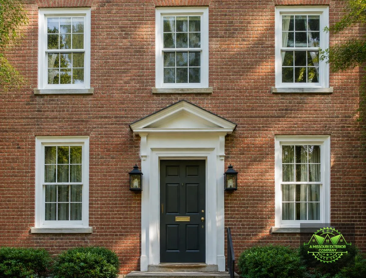 Brick home facade with white double-hung windows and a dark front entry door