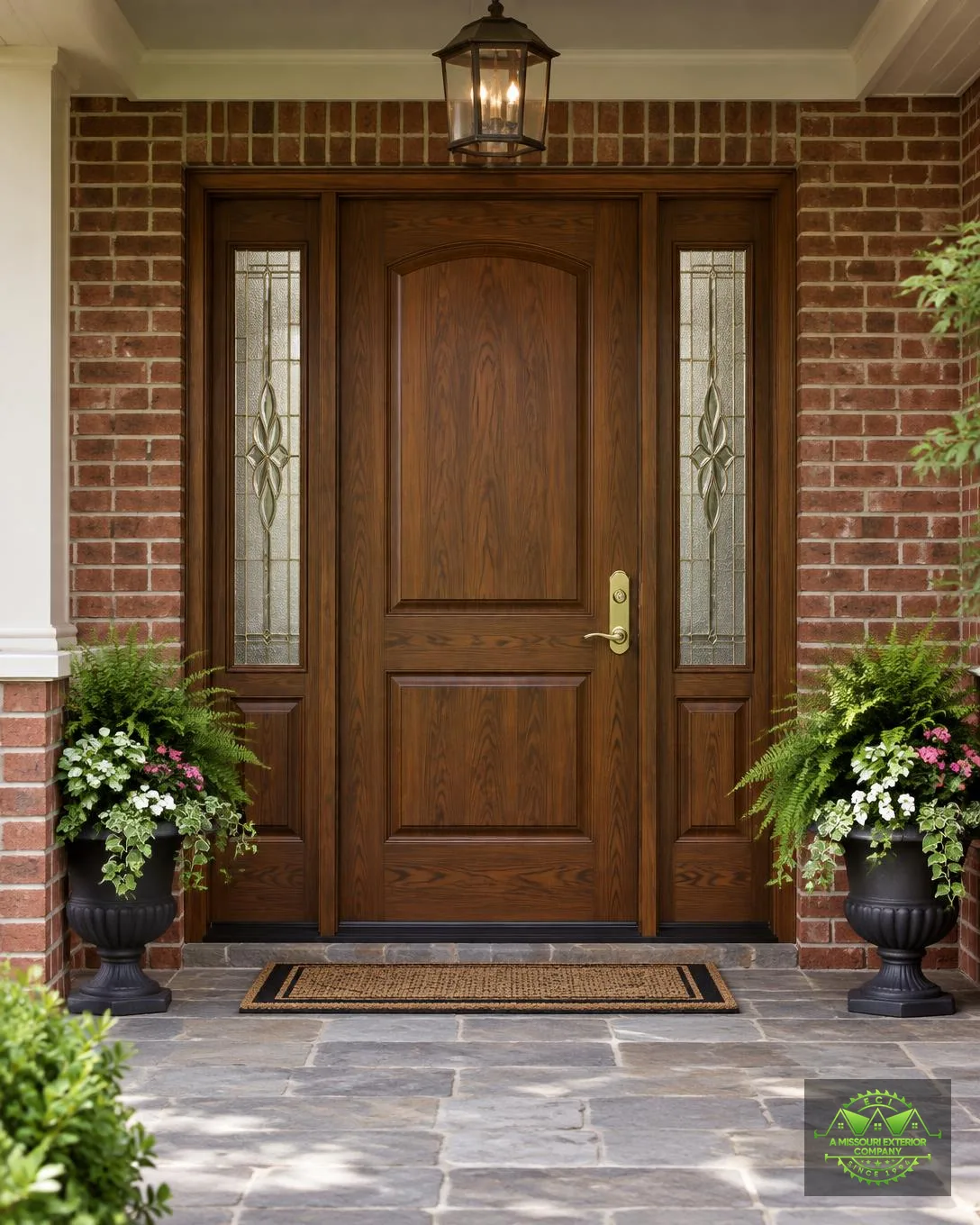 Wood-grain front entry door with decorative glass sidelights set in red brick