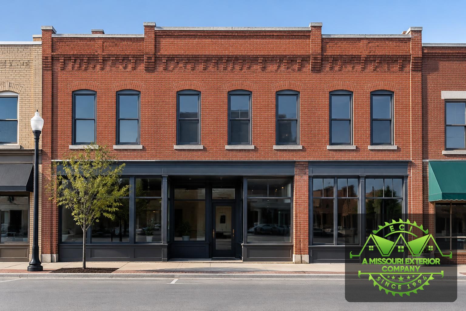 Brick commercial building exterior — illustrative image with ECI branding