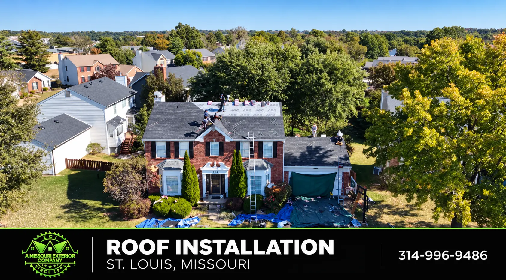 Aerial view of an ECI roof installation on a brick two-story home