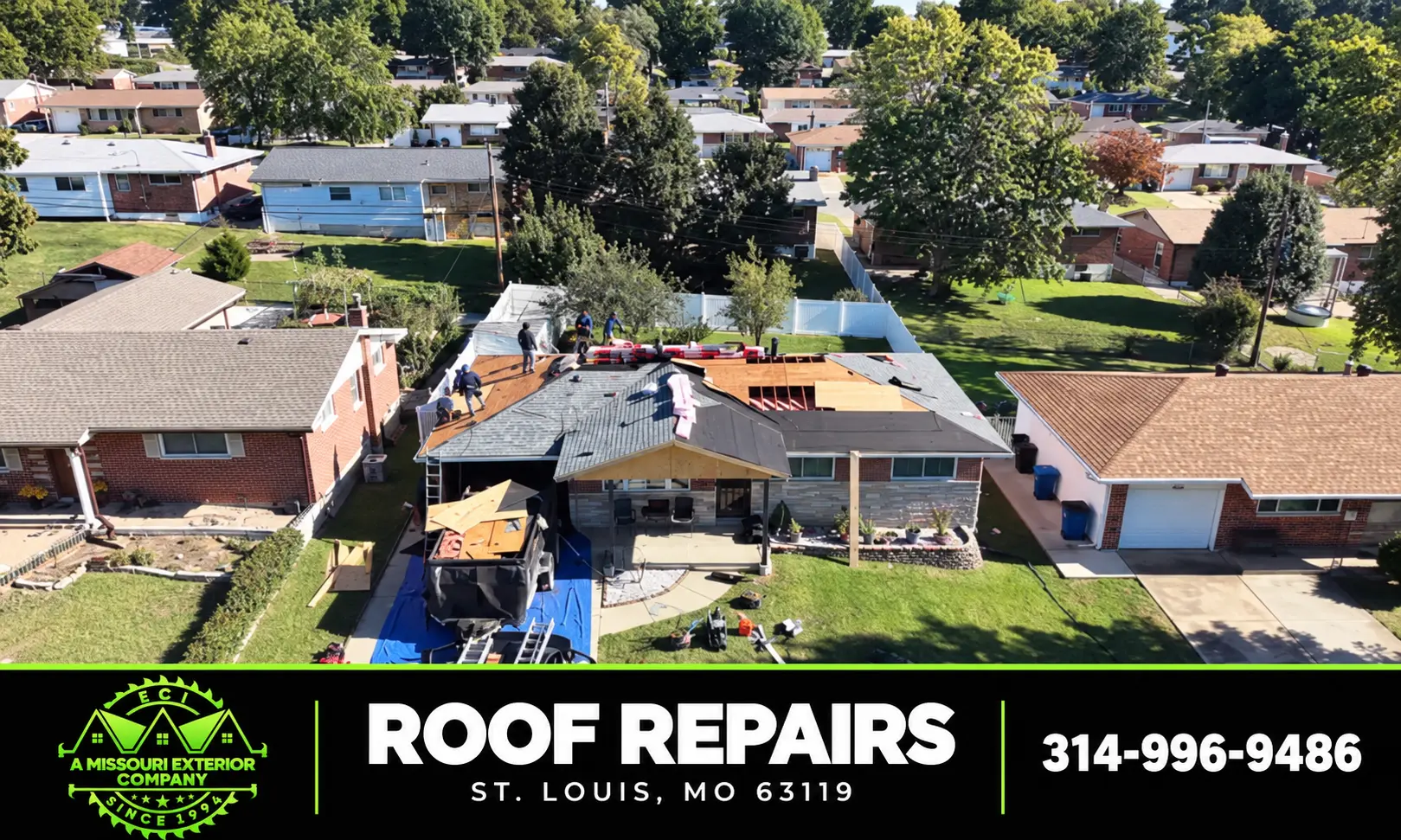 Neighborhood aerial of an ECI roof repair project in St. Louis