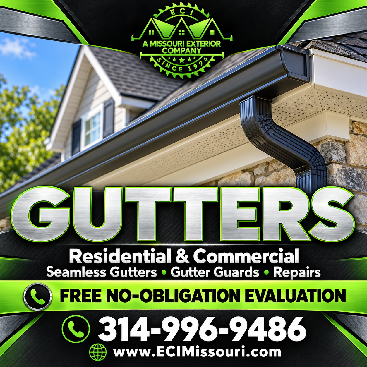 ECI residential and commercial seamless gutters, gutter guards and repairs. Free no-obligation evaluation: 314-996-9486.
