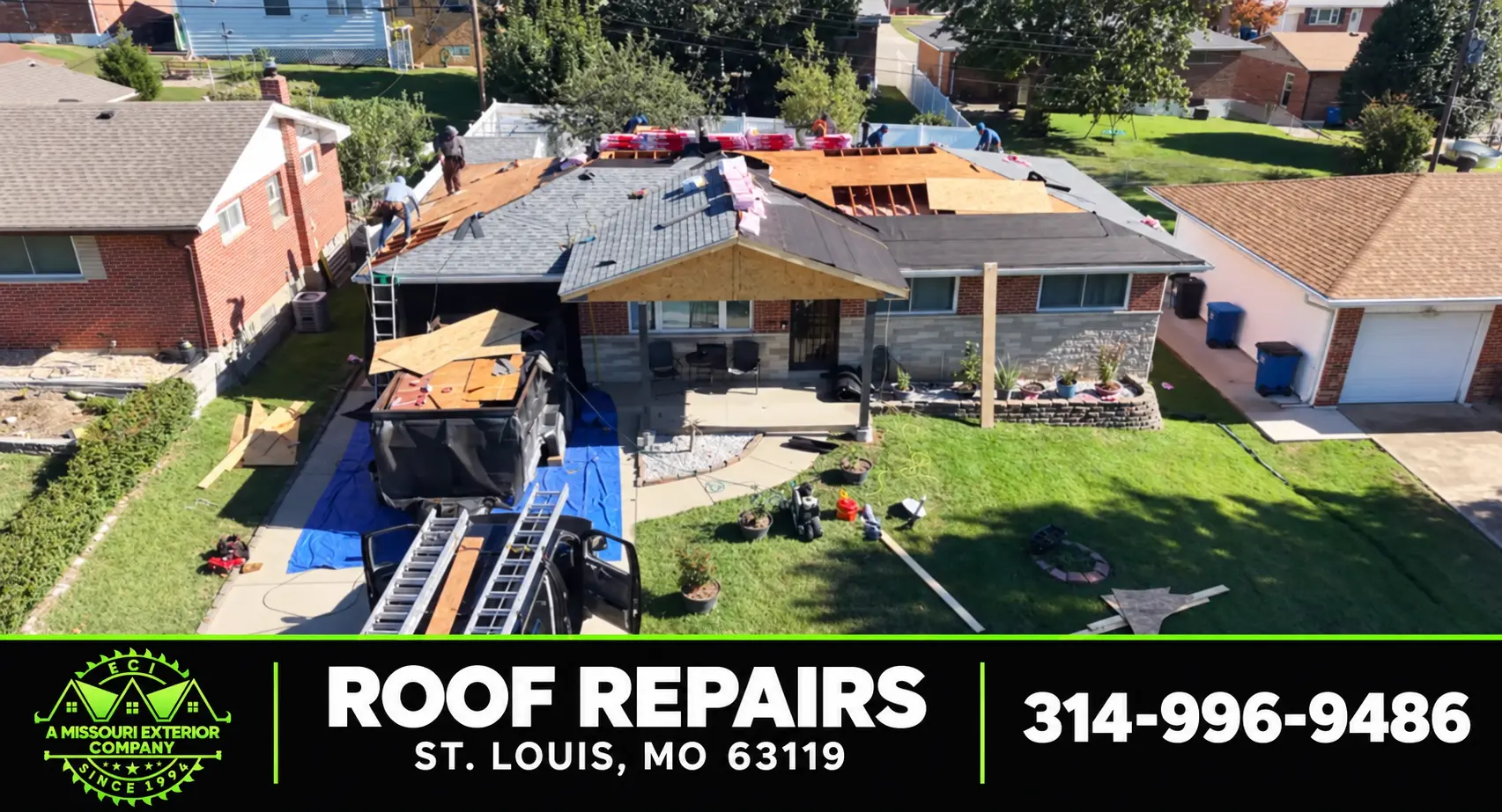 Aerial of an ECI roof repair on a brick and stone ranch home in St. Louis