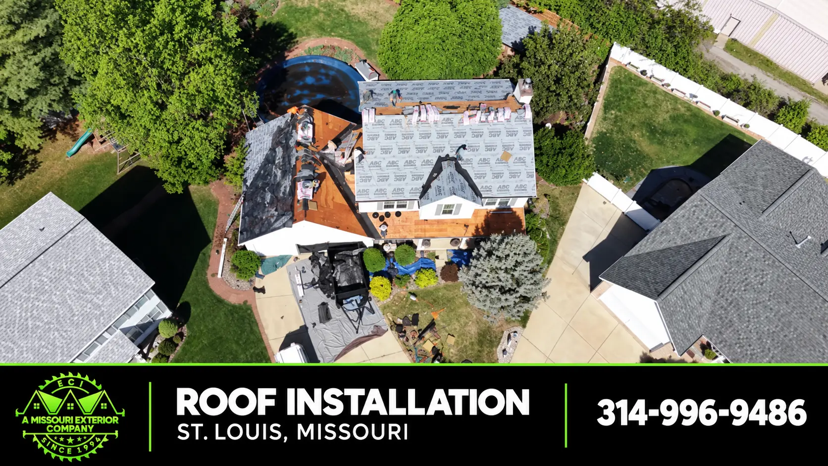 Overhead aerial of an ECI roof installation in a St. Louis neighborhood
