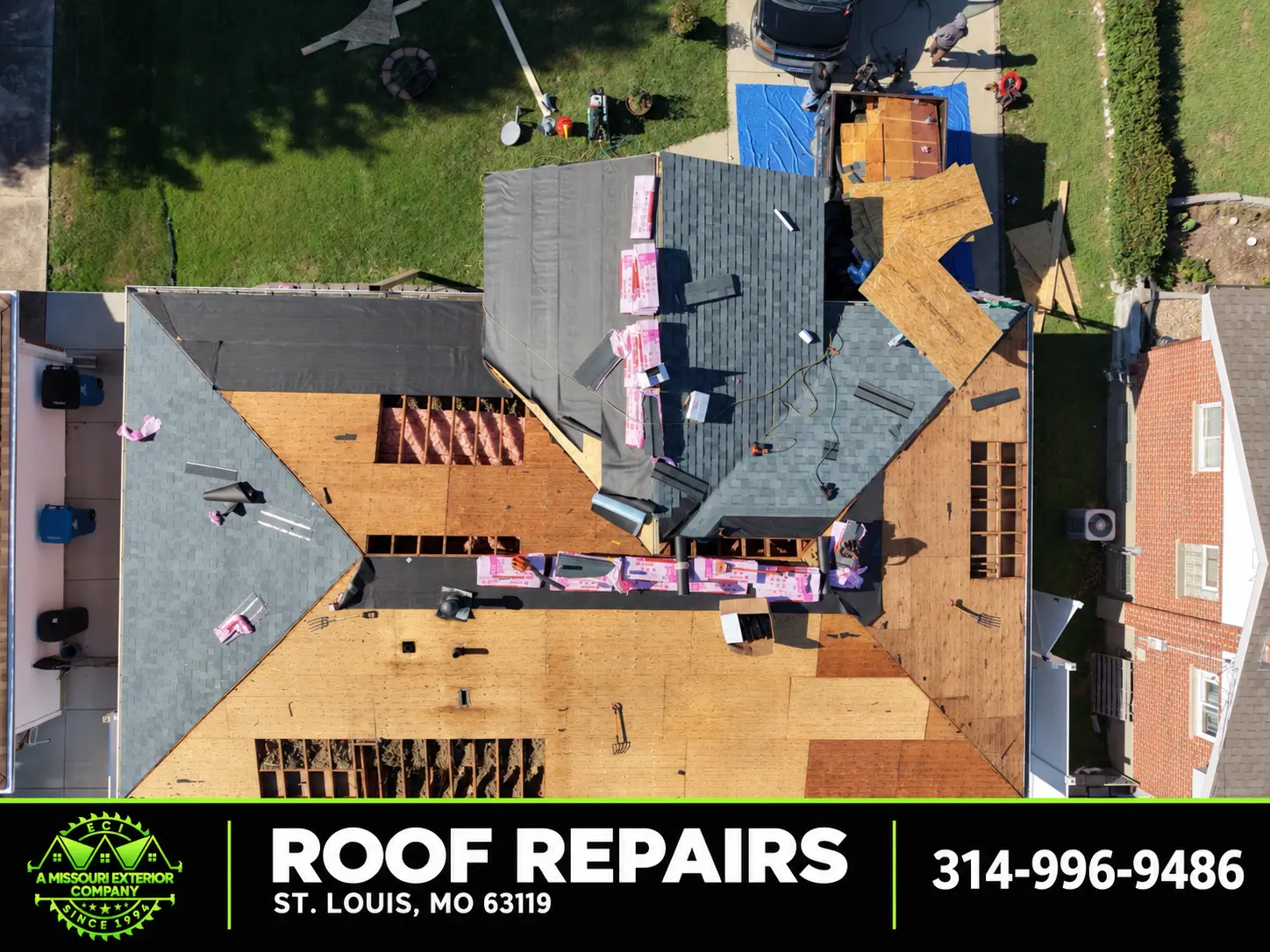 Overhead of an ECI roof repair with shingles and decking in progress in St. Louis