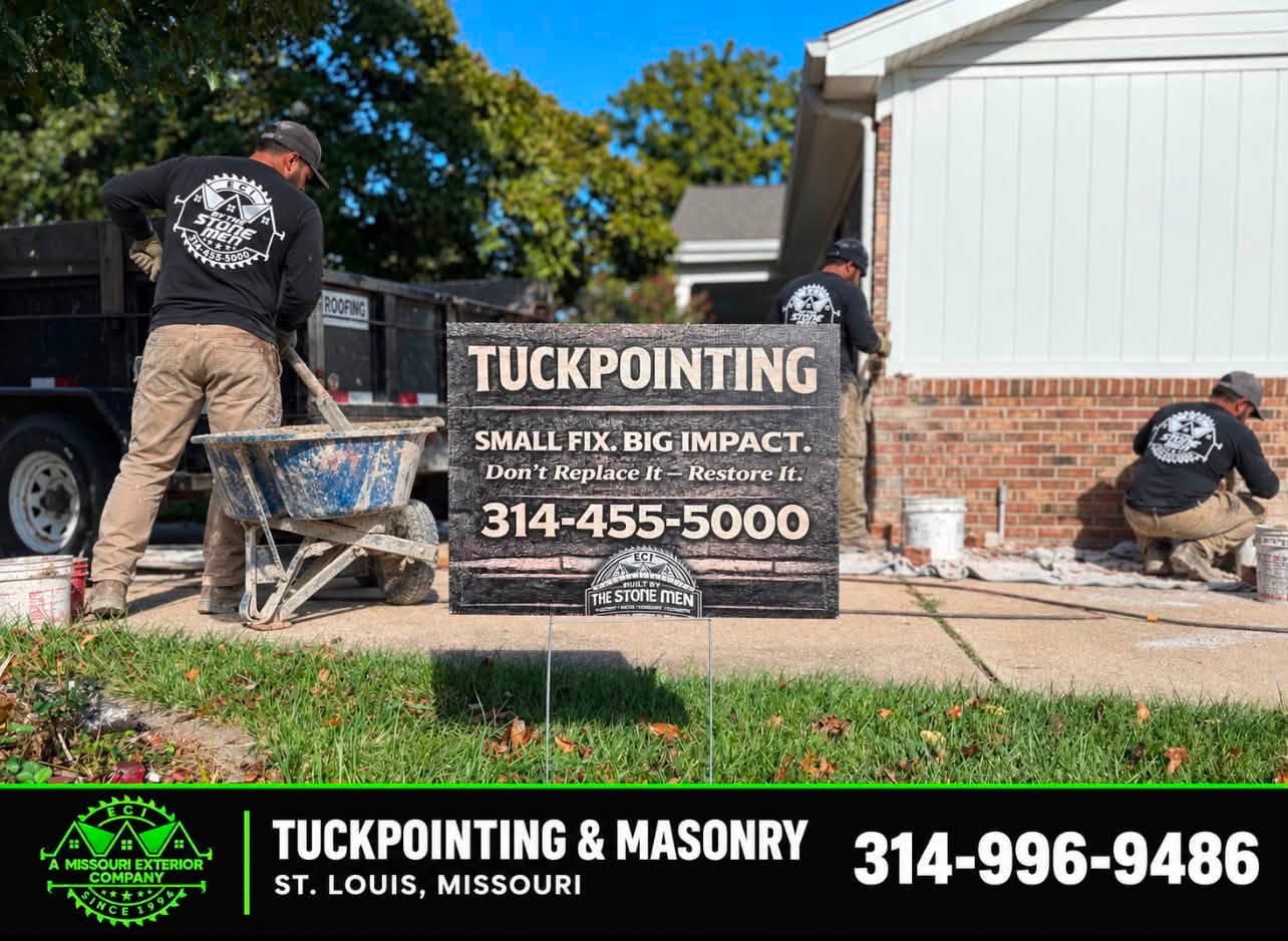 ECI masonry crew working along a St. Louis brick home with a tuckpointing jobsite sign