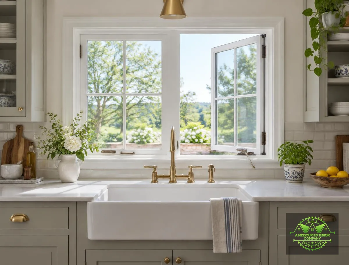 Kitchen with white casement windows above a farmhouse sink, one window open
