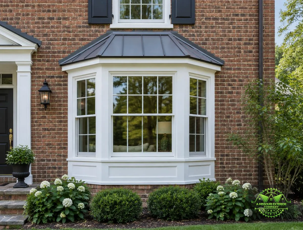 Brick home with a white three-panel bay window under a metal roof