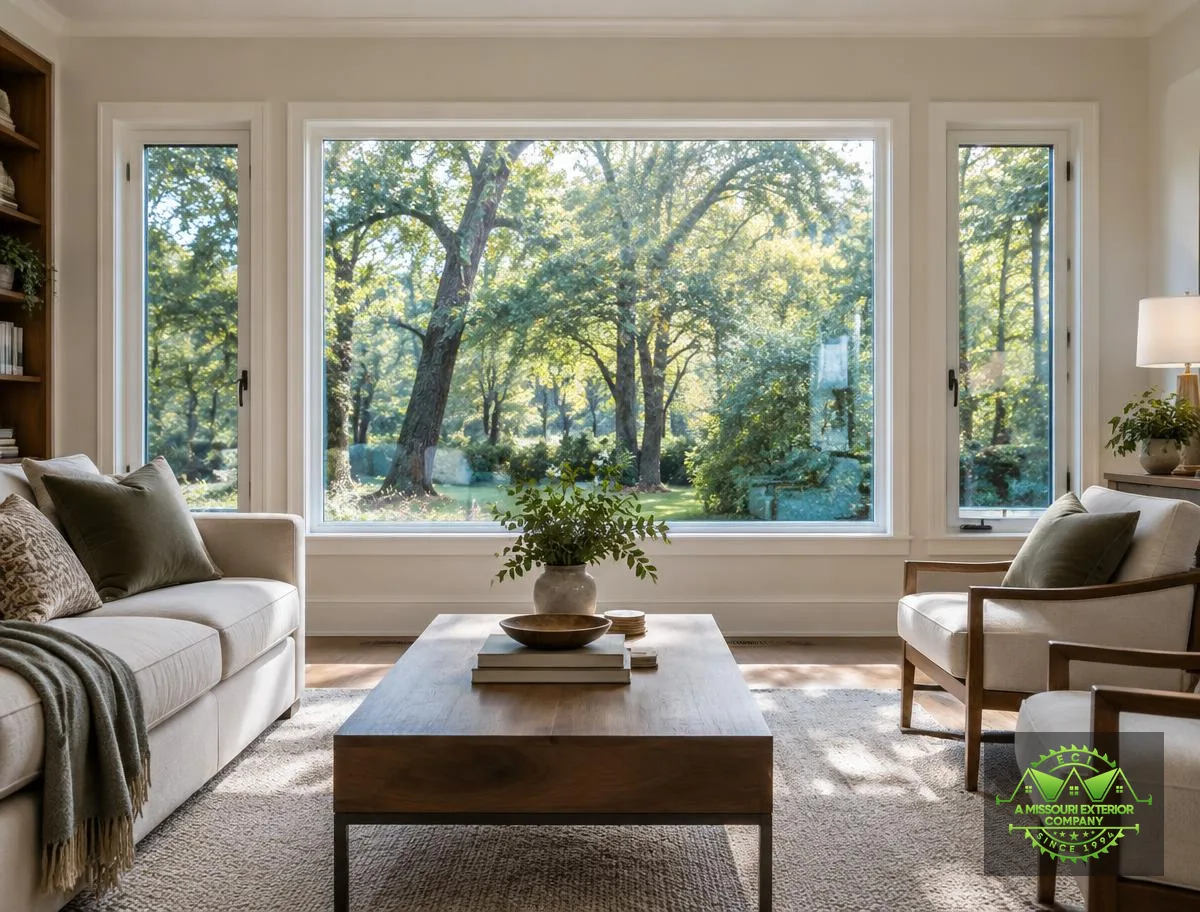 Living room with a large fixed picture window flanked by narrow windows