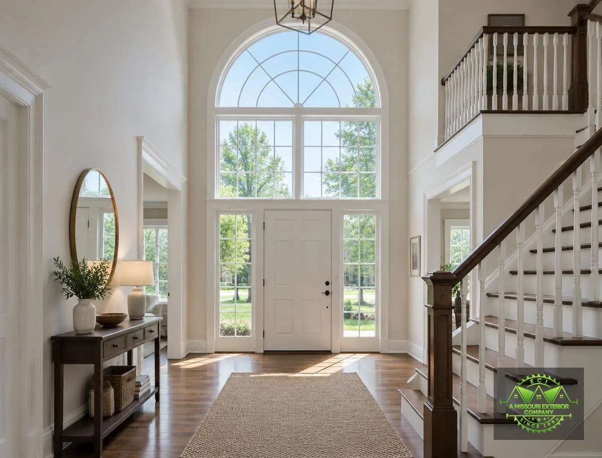 Two-story foyer with an arched window above an entry door and sidelights