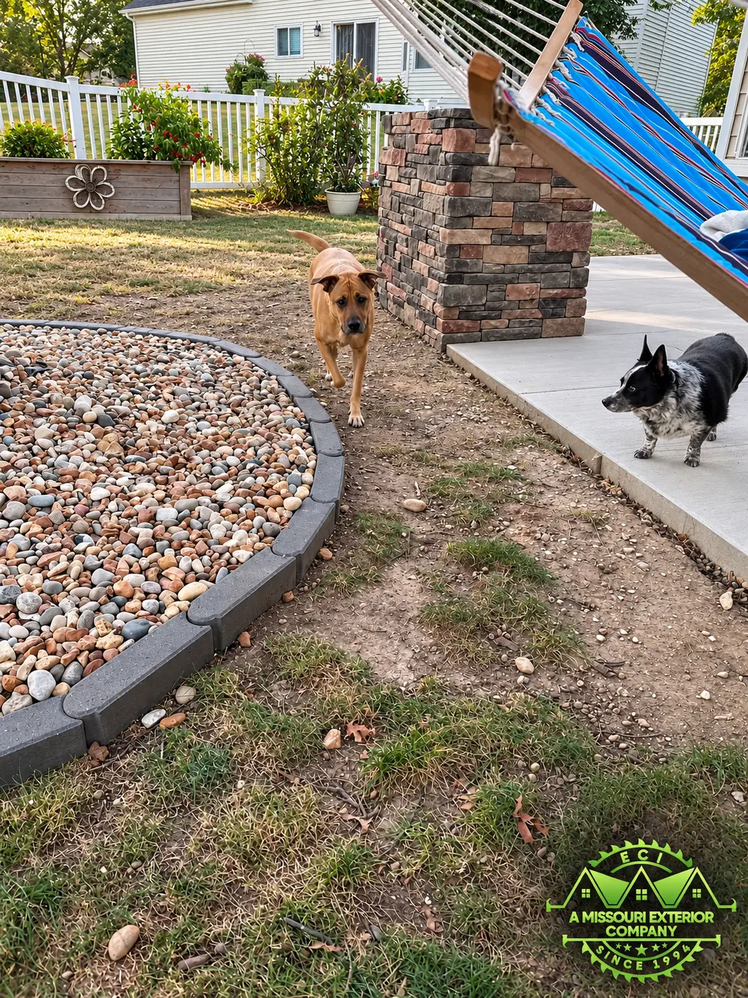 Stone border and outdoor kitchen beside the patio