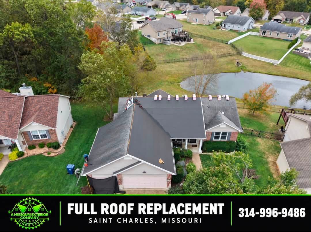 Neighborhood aerial of an ECI roof replacement in Saint Charles, Missouri