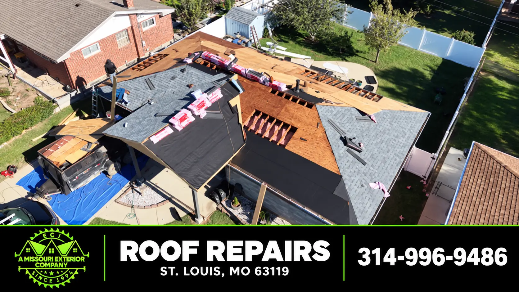 Aerial of an ECI roof repair in progress on a St. Louis ranch home