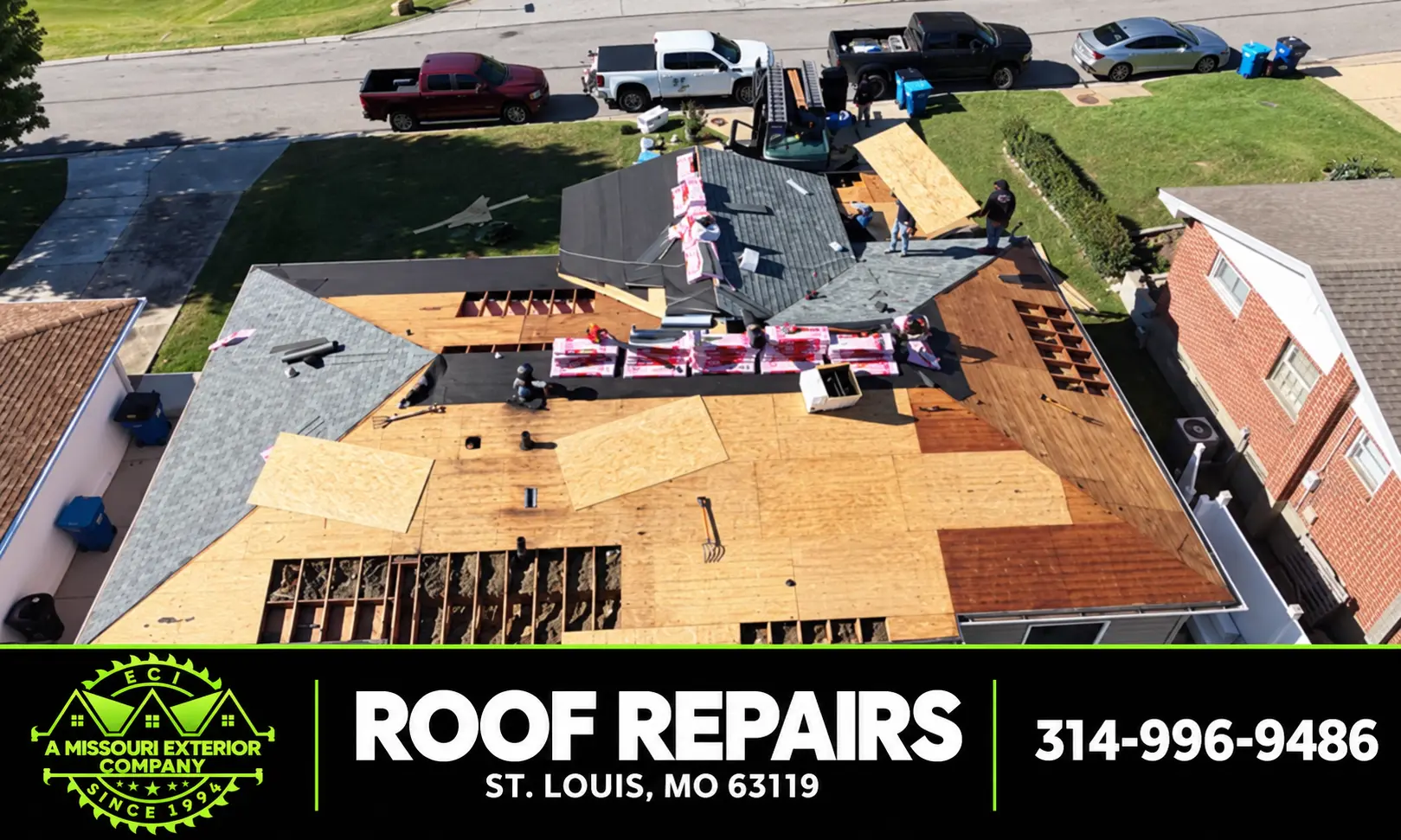 ECI crew replacing damaged decking during a St. Louis roof repair