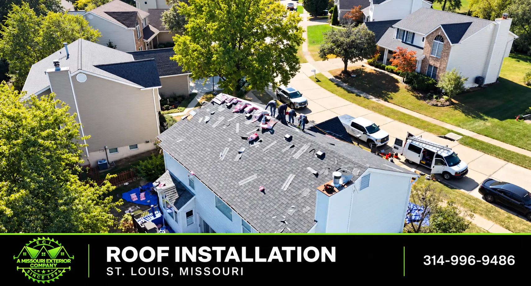 Aerial of an ECI roof installation in a St. Louis subdivision