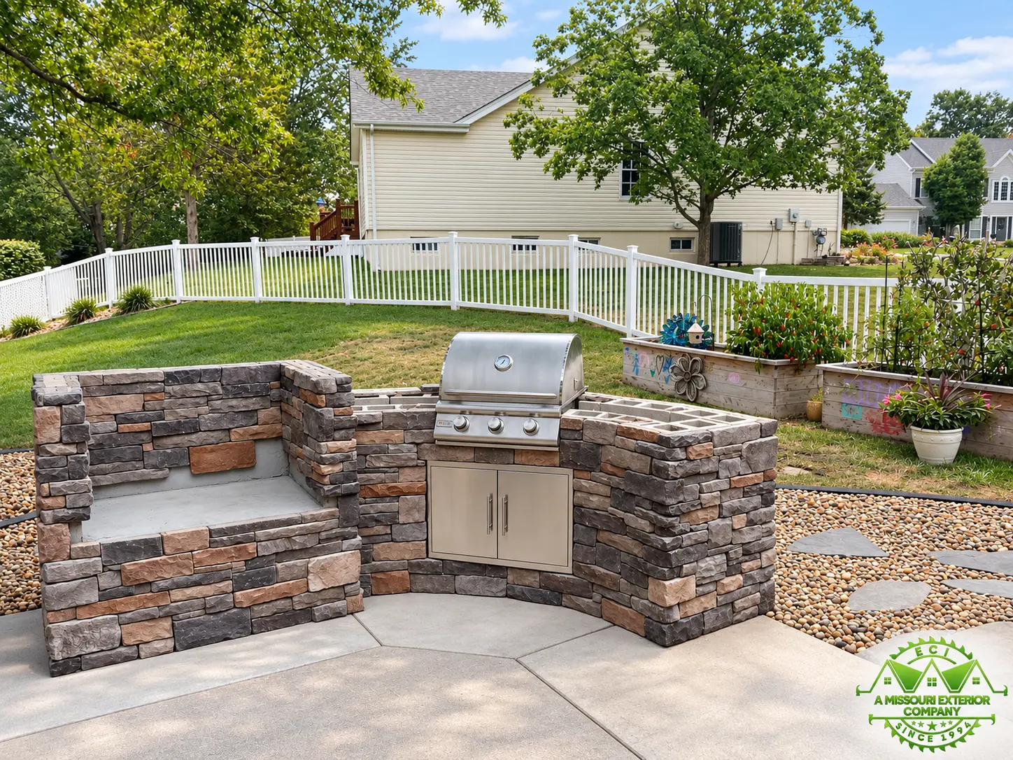 Completed stone outdoor kitchen with built-in grill and counter