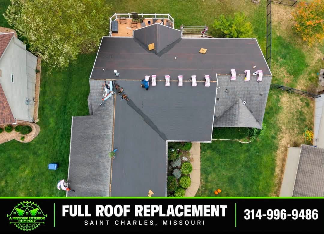 Aerial of ECI crew members installing shingles during a Saint Charles roof replacement