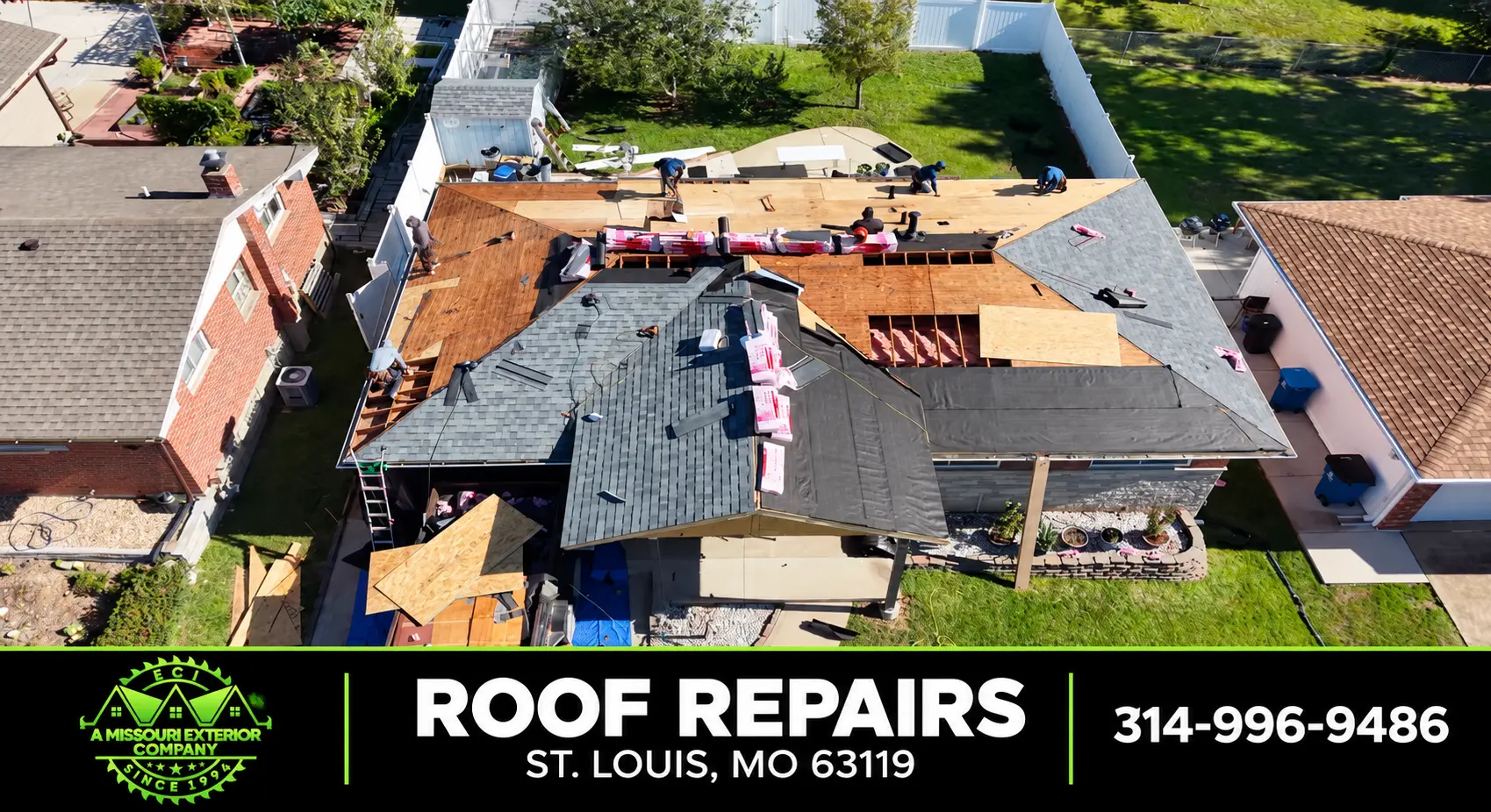 Aerial of an ECI crew performing a roof repair and re-decking in St. Louis