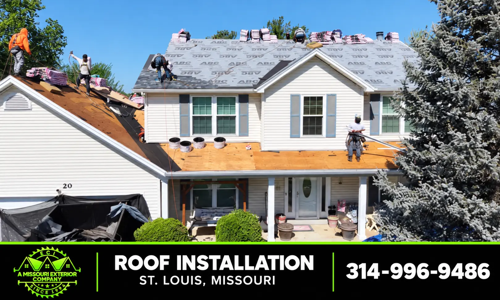 ECI crew installing underlayment and shingles on a two-story St. Louis home