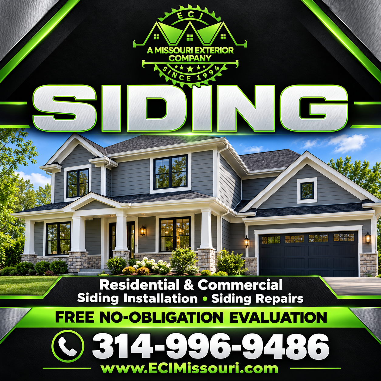 ECI residential and commercial siding installation and repairs. Free no-obligation evaluation: 314-996-9486.