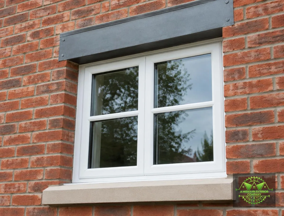 White window set in red brick with a stone sill and steel lintel above