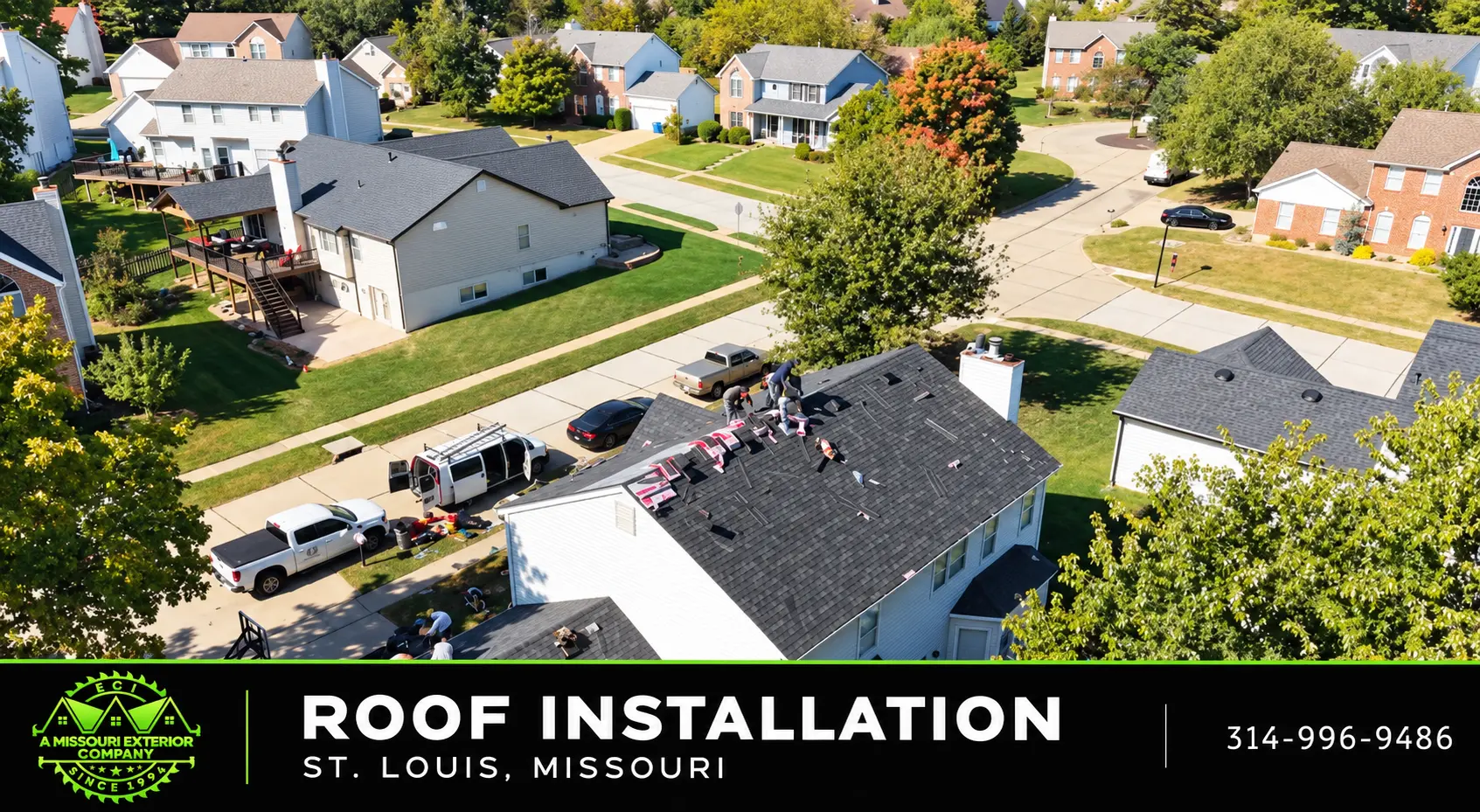 ECI trucks and crew on a neighborhood roof replacement in St. Louis