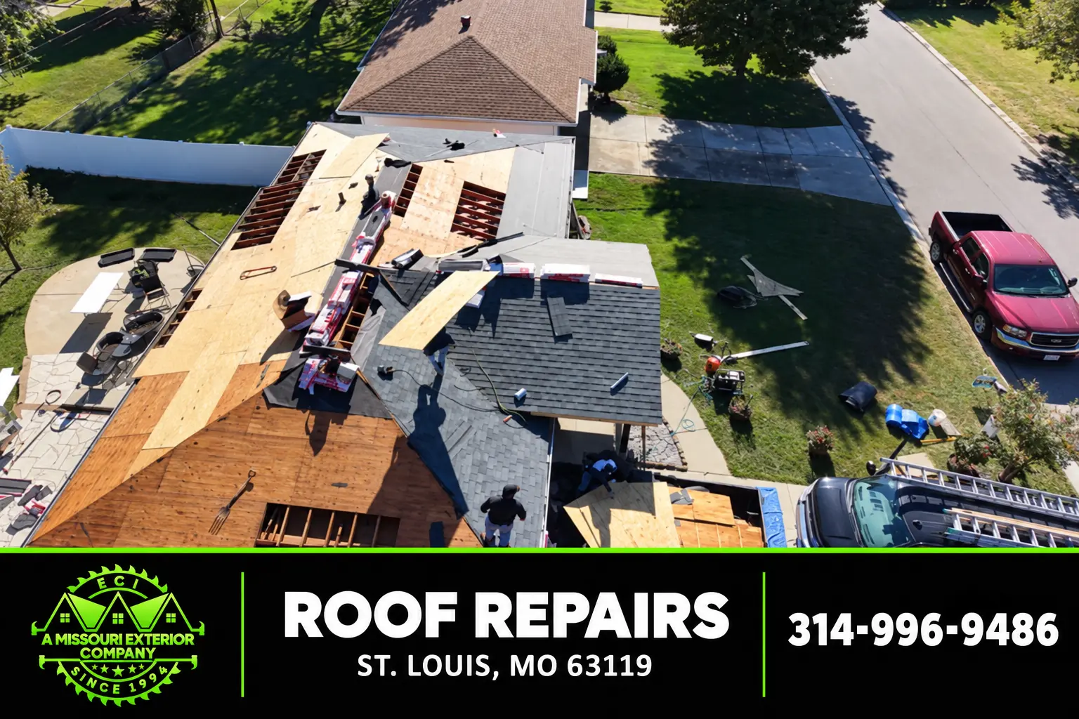 Aerial of an ECI roof repair with underlayment and new shingles in St. Louis