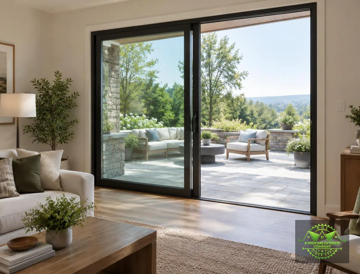 Living room with a dark-framed sliding glass door open to a stone patio