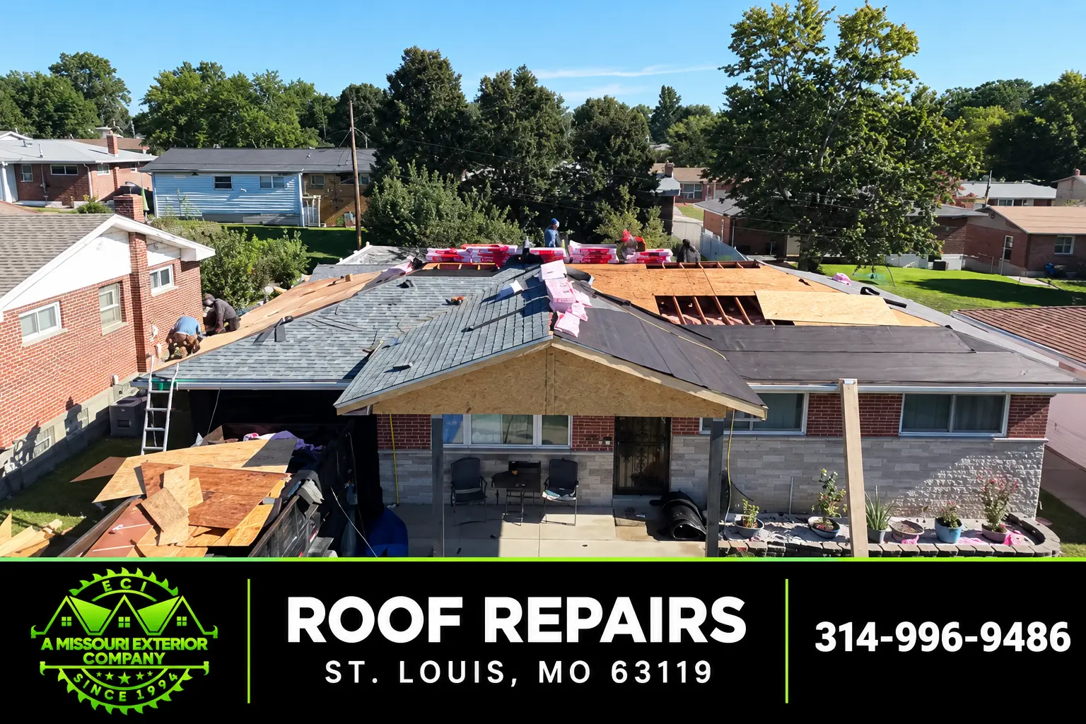 ECI roof repair in progress on a brick and stone ranch home in St. Louis