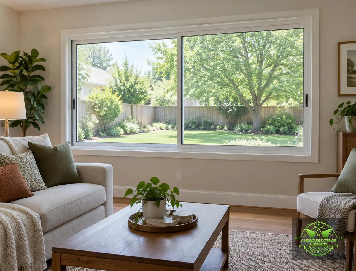 Living room with a wide horizontal sliding window overlooking a backyard