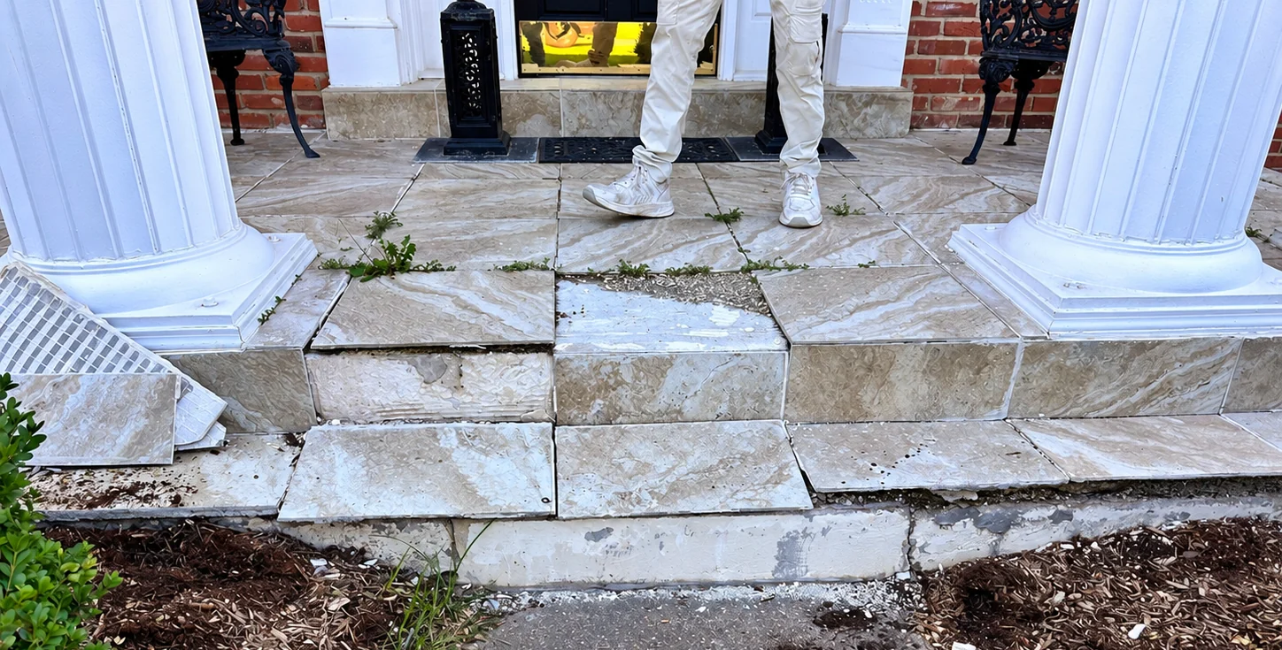 Uneven cracked stone porch and steps before restoration