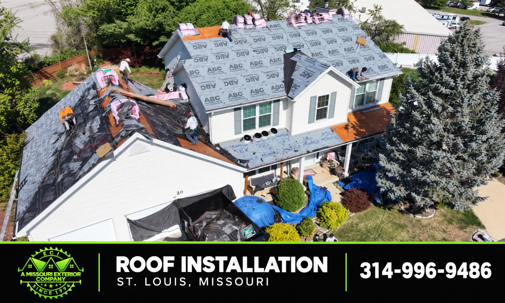 Aerial of an ECI roof installation with new underlayment in St. Louis