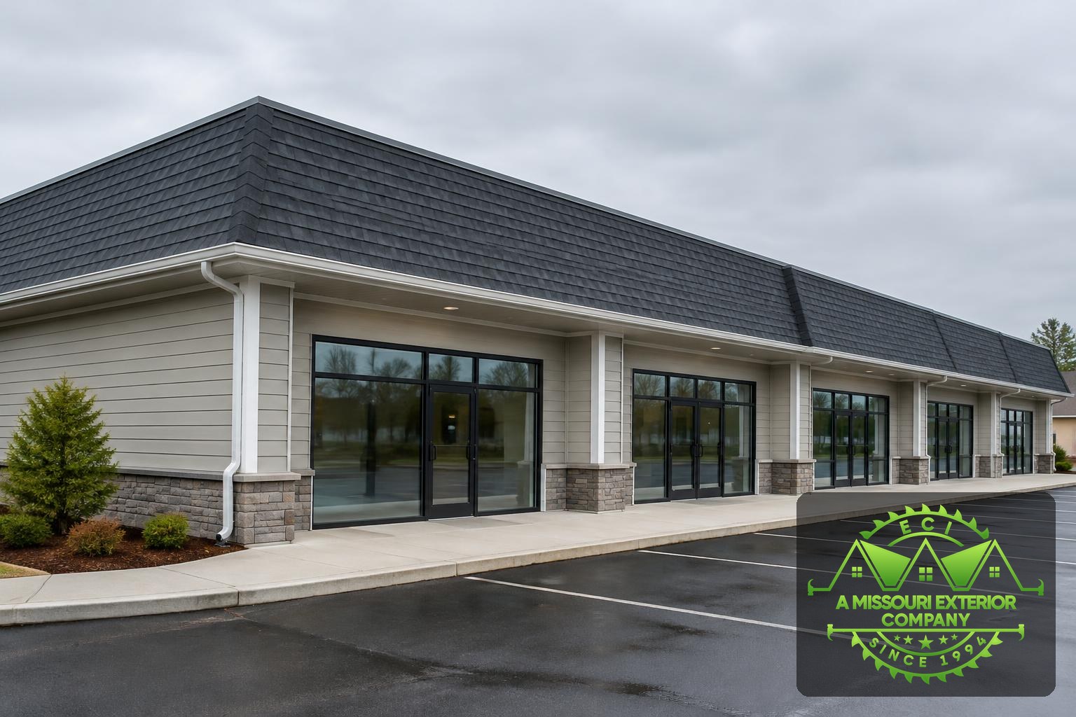 Retail strip center with new roofing and gutters — illustrative image