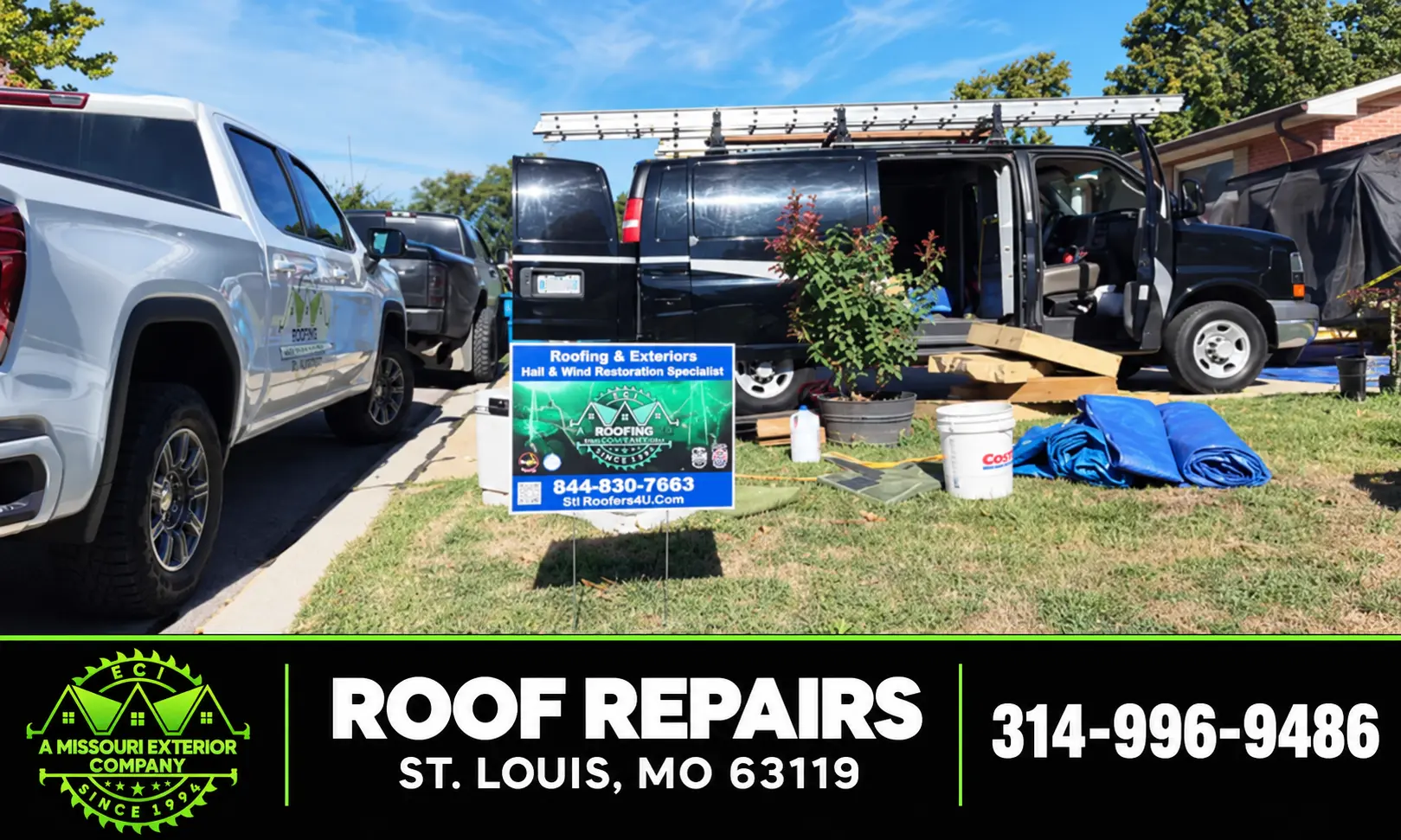 ECI truck, work van, and yard sign at a St. Louis roof repair jobsite