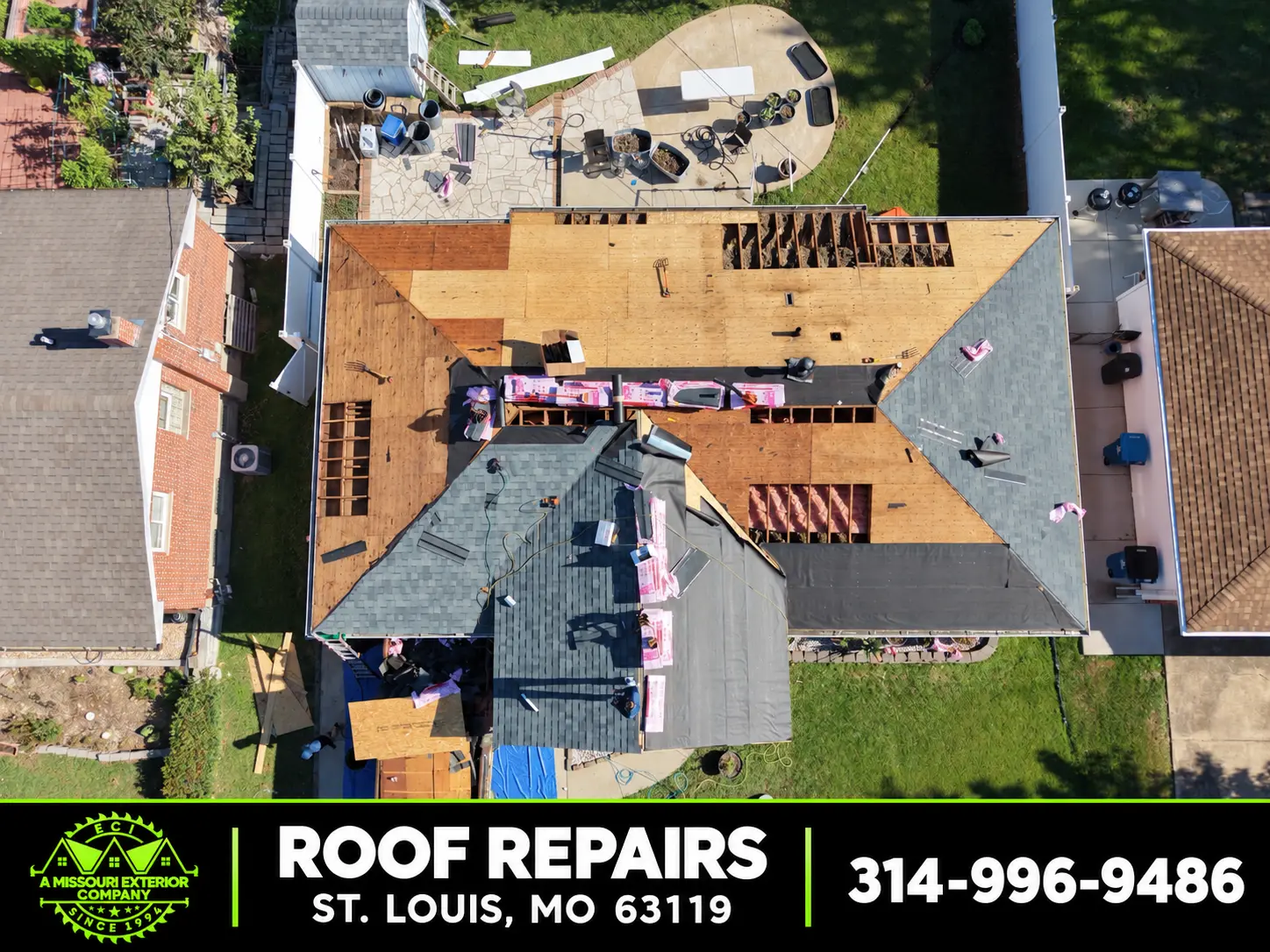Top-down aerial of an ECI roof repair with new decking and underlayment in St. Louis