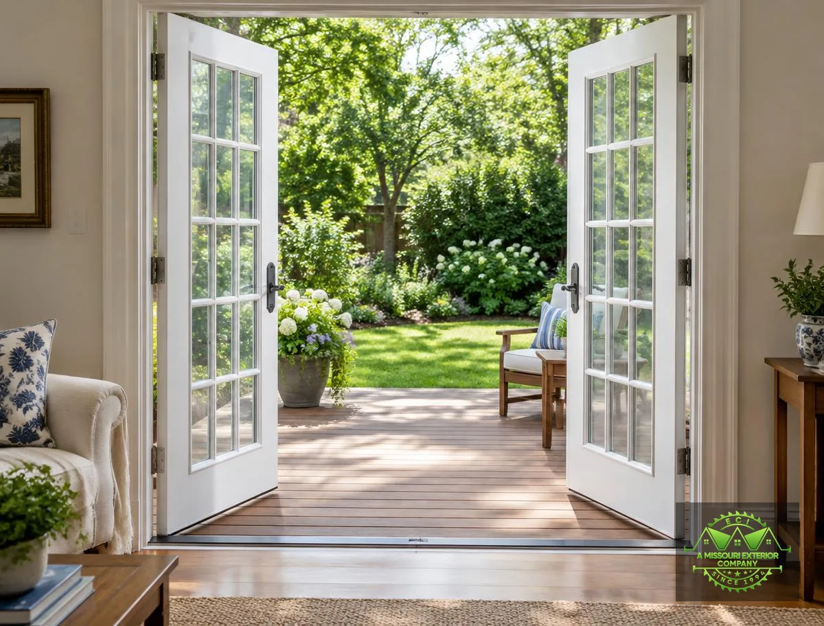 White hinged French patio doors open onto a wood deck and garden