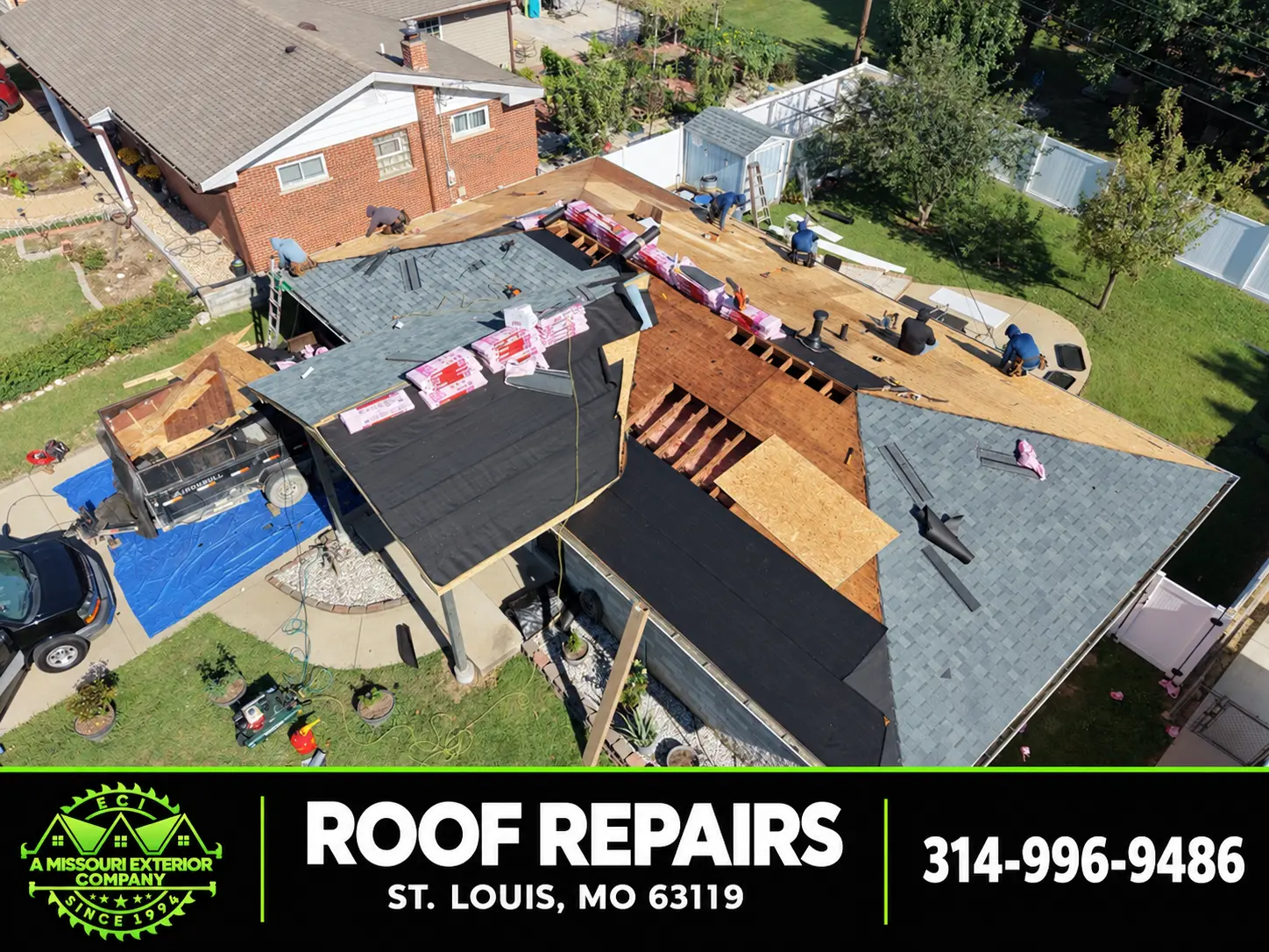 Aerial of an ECI crew re-decking a St. Louis home during a roof repair