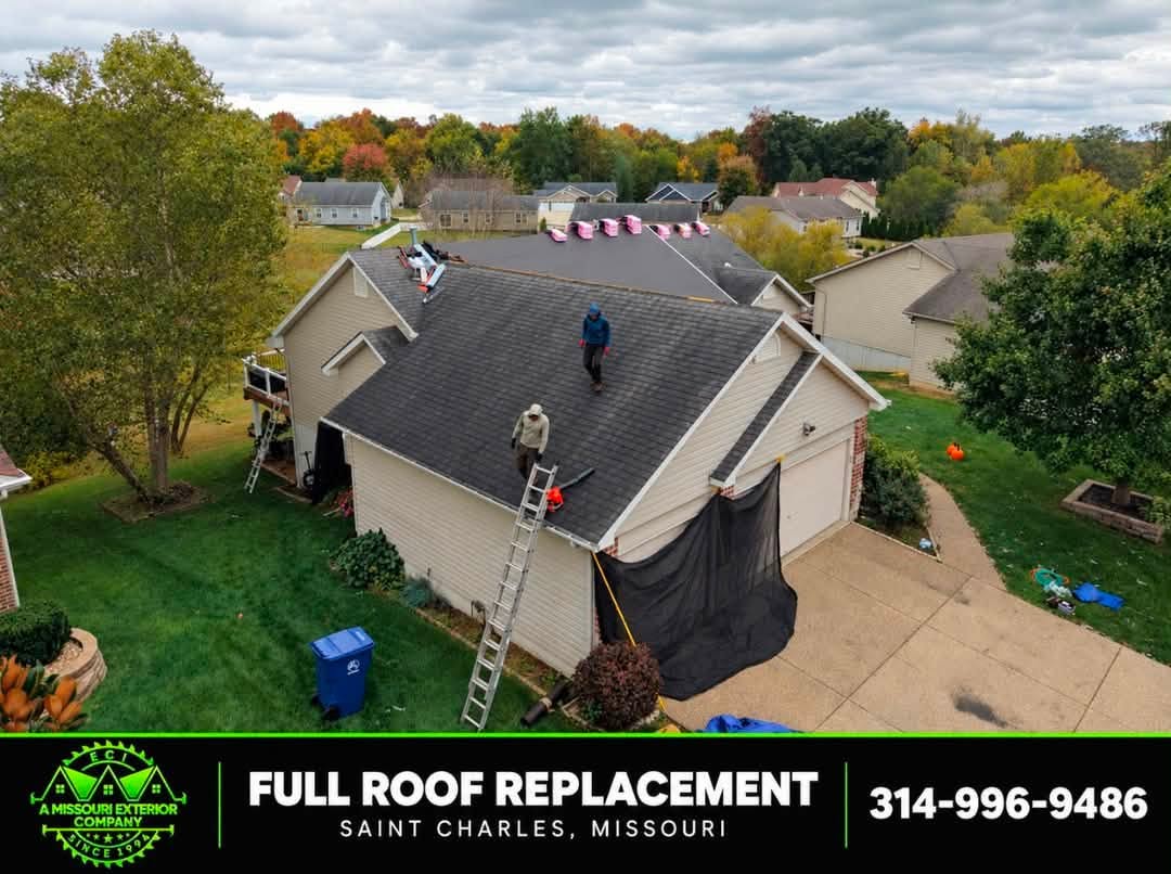 Side view of an ECI roof replacement underway in Saint Charles