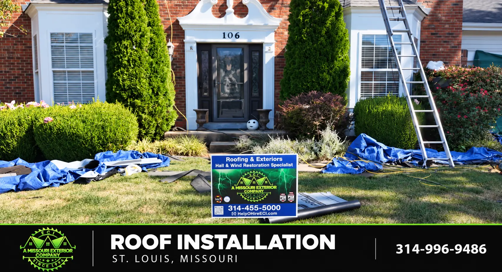 ECI hail and wind restoration sign at an active roof installation