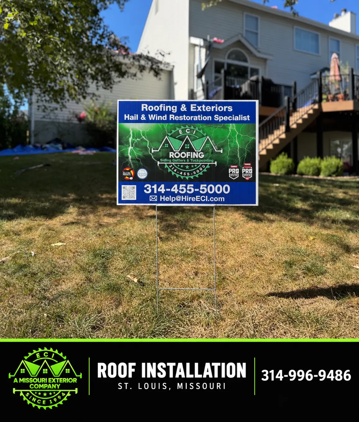 ECI roof installation sign in front of a St. Louis home