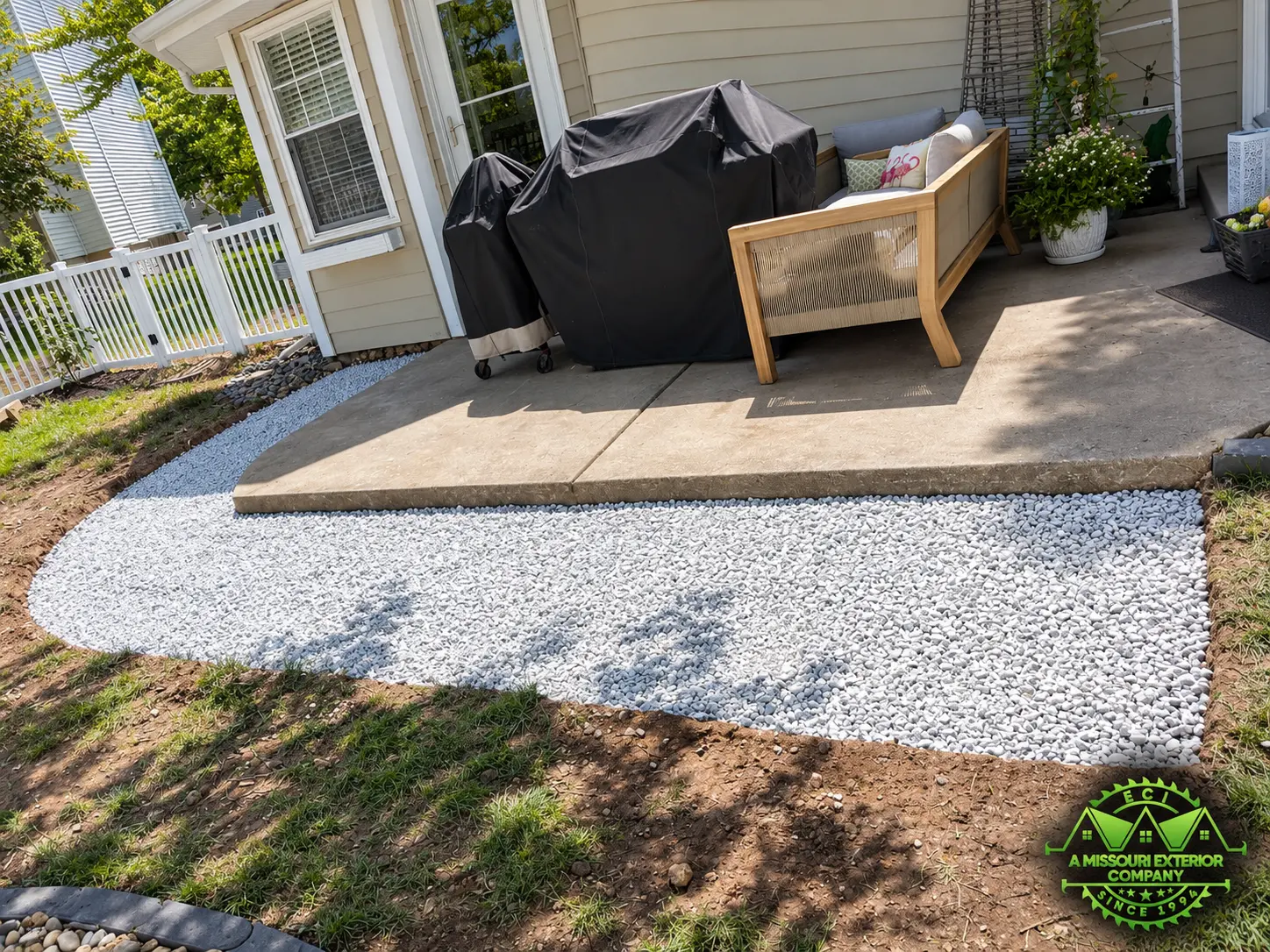 Flagstone hardscape beside a completed ECI outdoor stone project