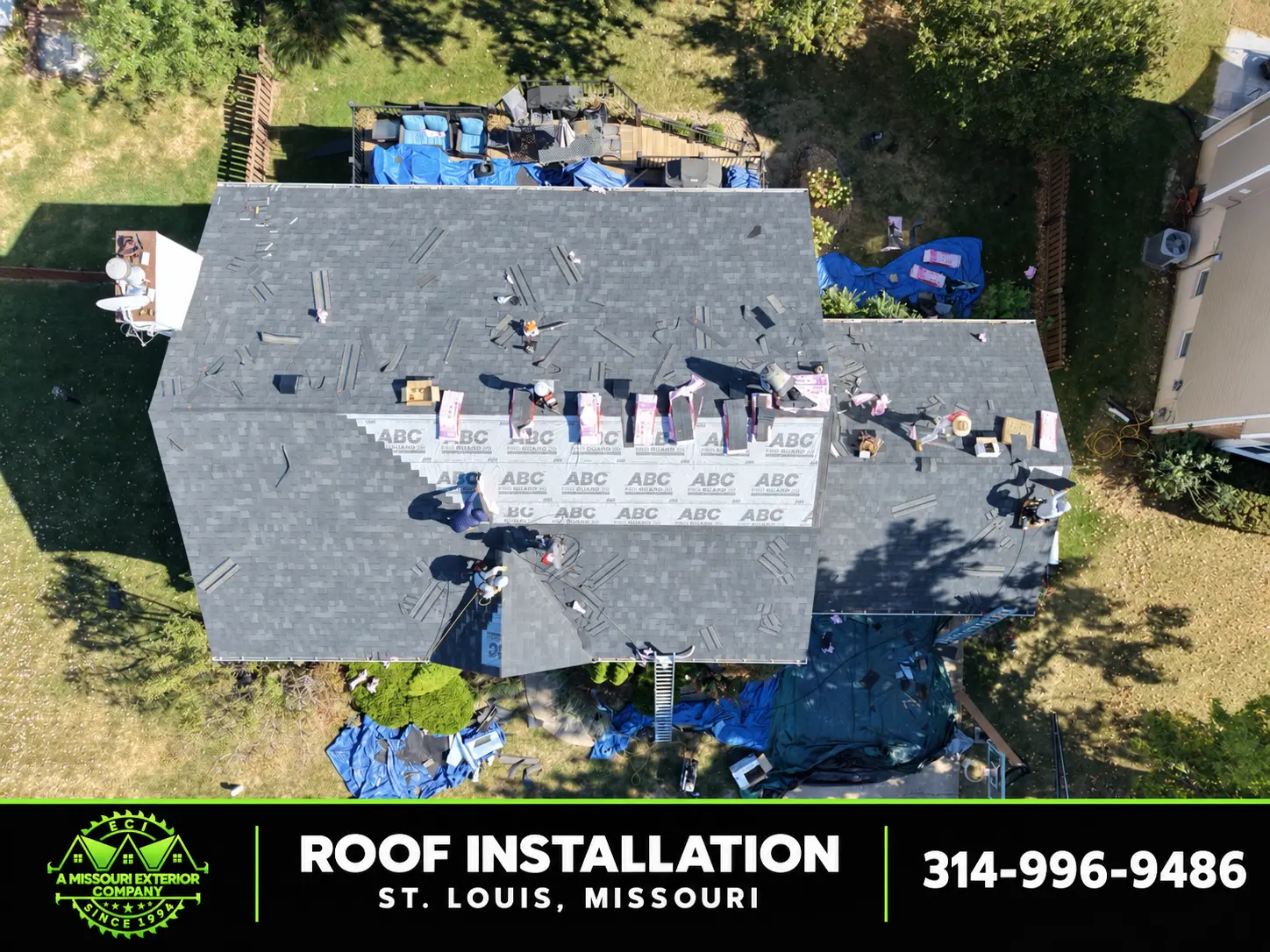 Aerial of ECI crew shingling over new underlayment