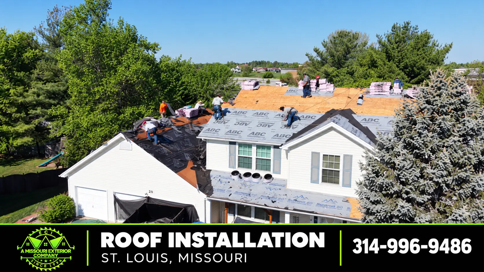 Aerial of an ECI crew installing underlayment during a St. Louis roof installation