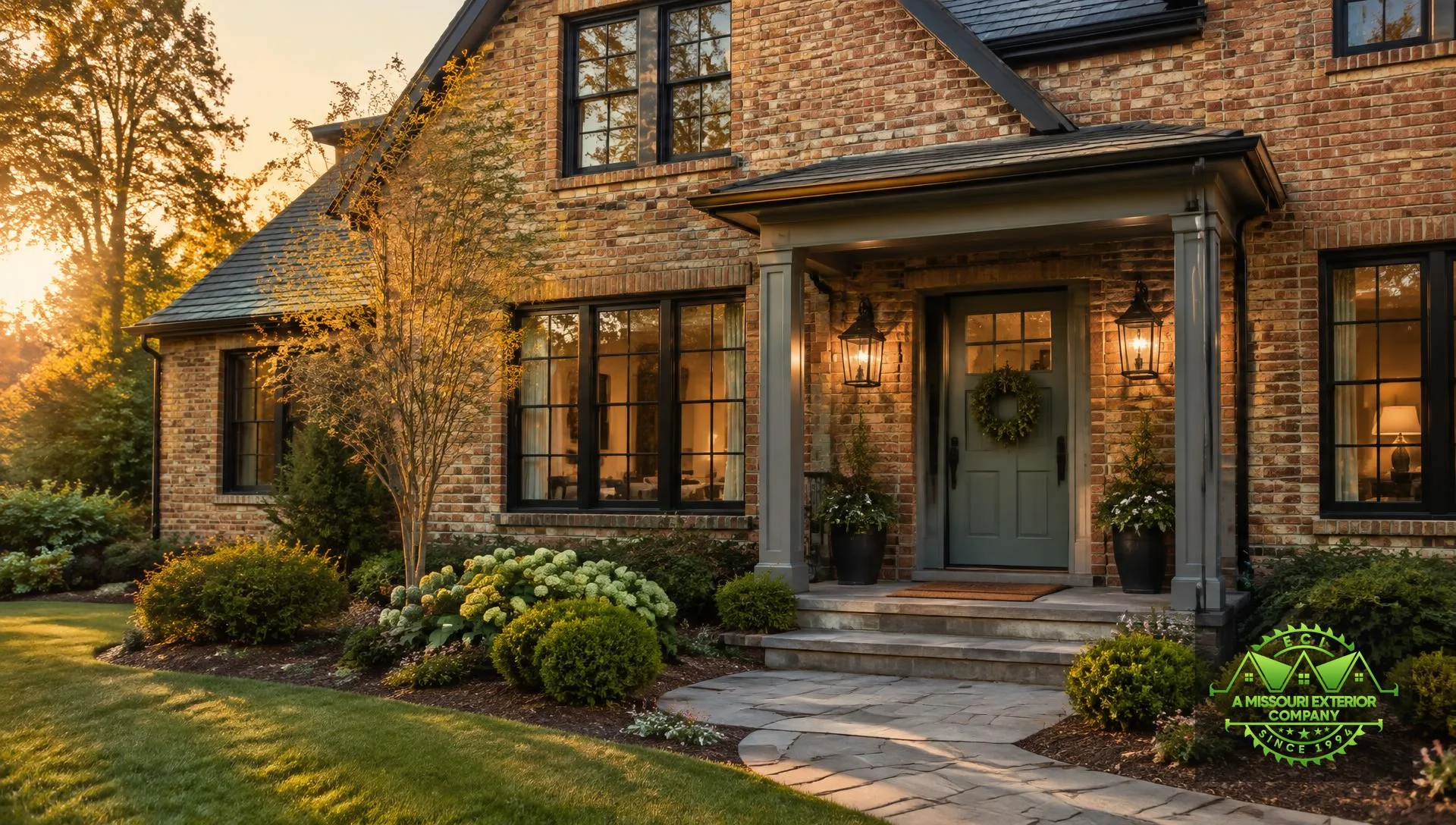 Brick home at sunset with black-framed windows and a sage green front door