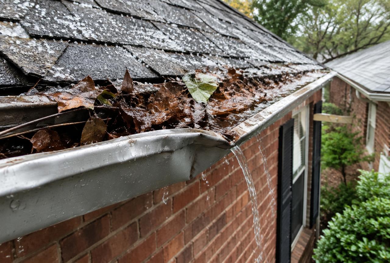 Dented gutter clogged with leaves overflowing onto a brick home