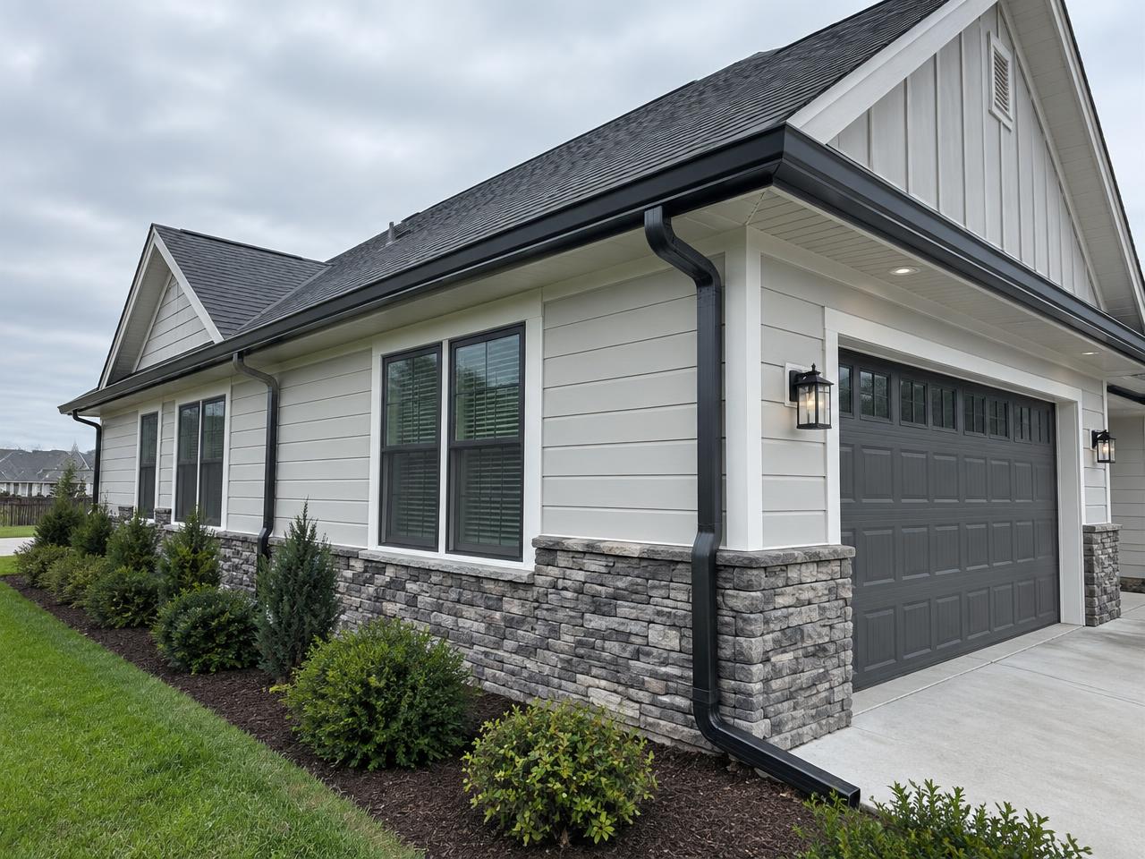 Home with new seamless dark gutters and downspouts