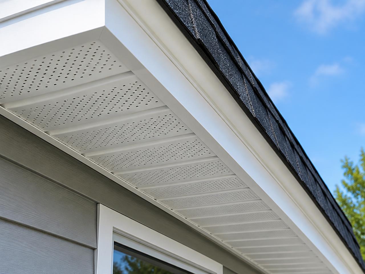 Clean white vented soffit panels under a home's eaves