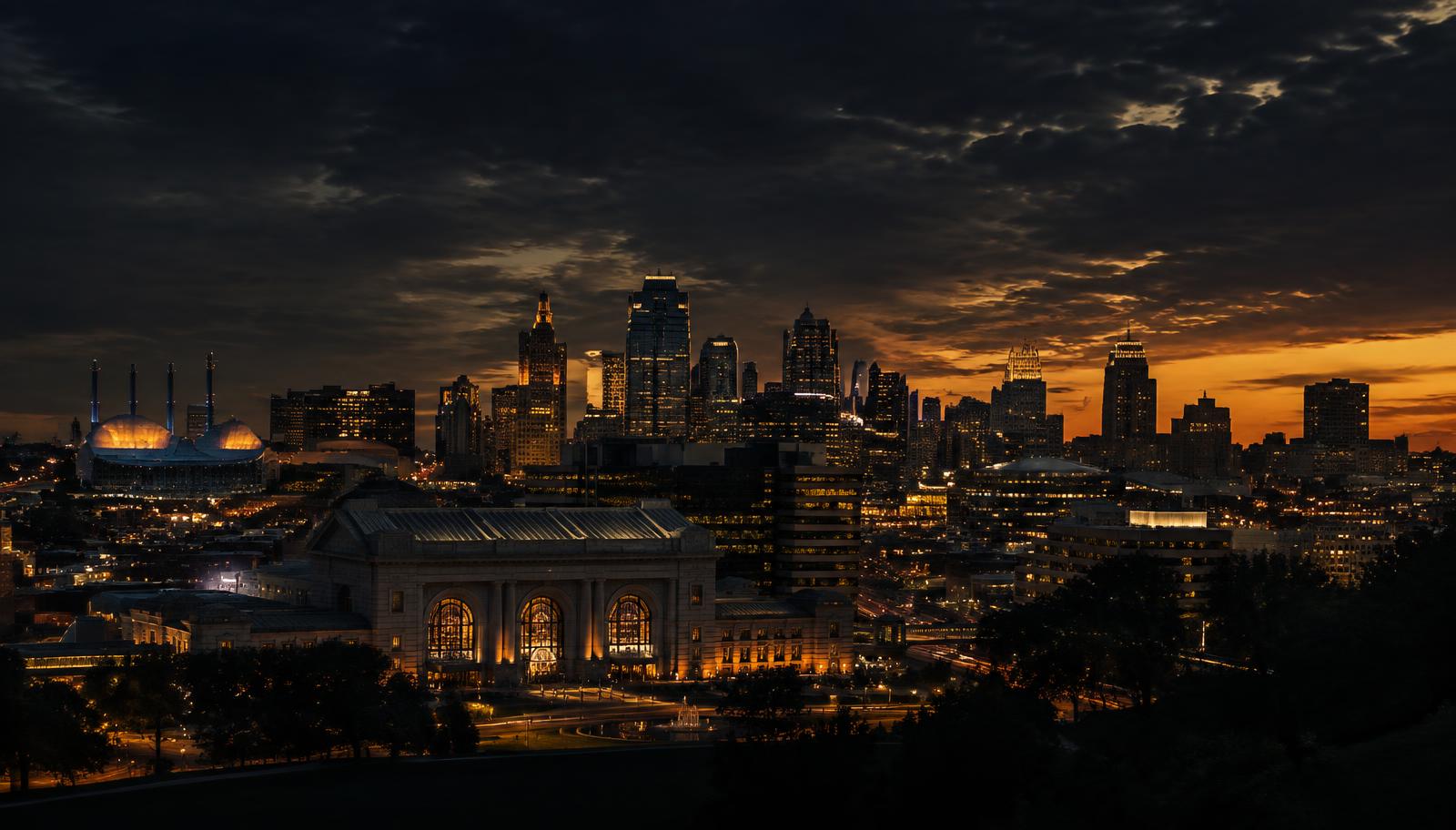 Kansas City skyline at dusk with Union Station