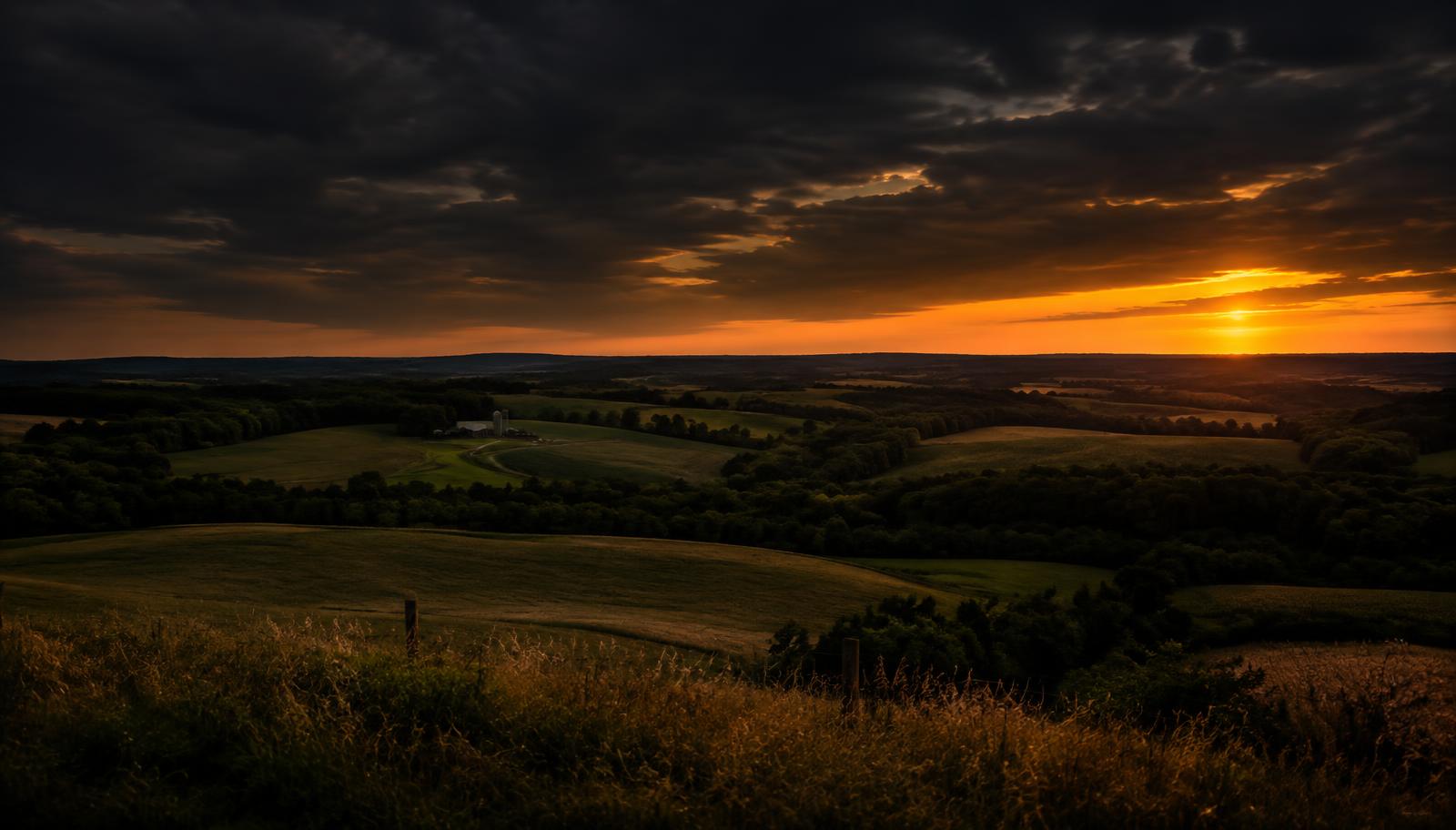 Rolling Mid-Missouri countryside at sunset